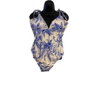 Kona Sol Womens L Blue & White Floral One-Piece Swimsuit With Tie Straps Beach